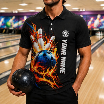 Bowling Ball Flame Strike Personalized Bowling Polo Shirt Front View