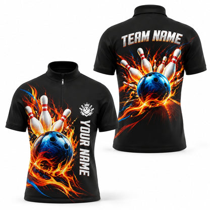 Bowling Ball Flame Strike Personalized Bowling Polo Shirt Jersey Zip 1 4 Collar