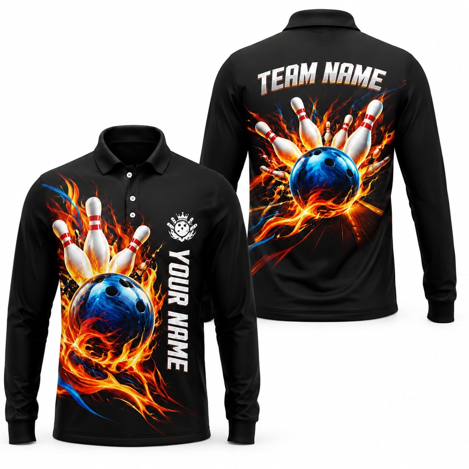 Bowling Ball Flame Strike Personalized Bowling Polo Shirt Long Sleeve Polo