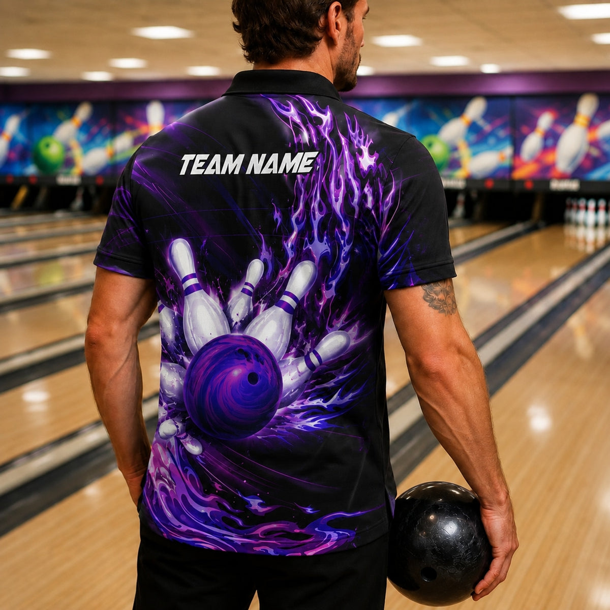 Bowling Ball Flames Graphic Custom Bowling Polo Shirt Back View