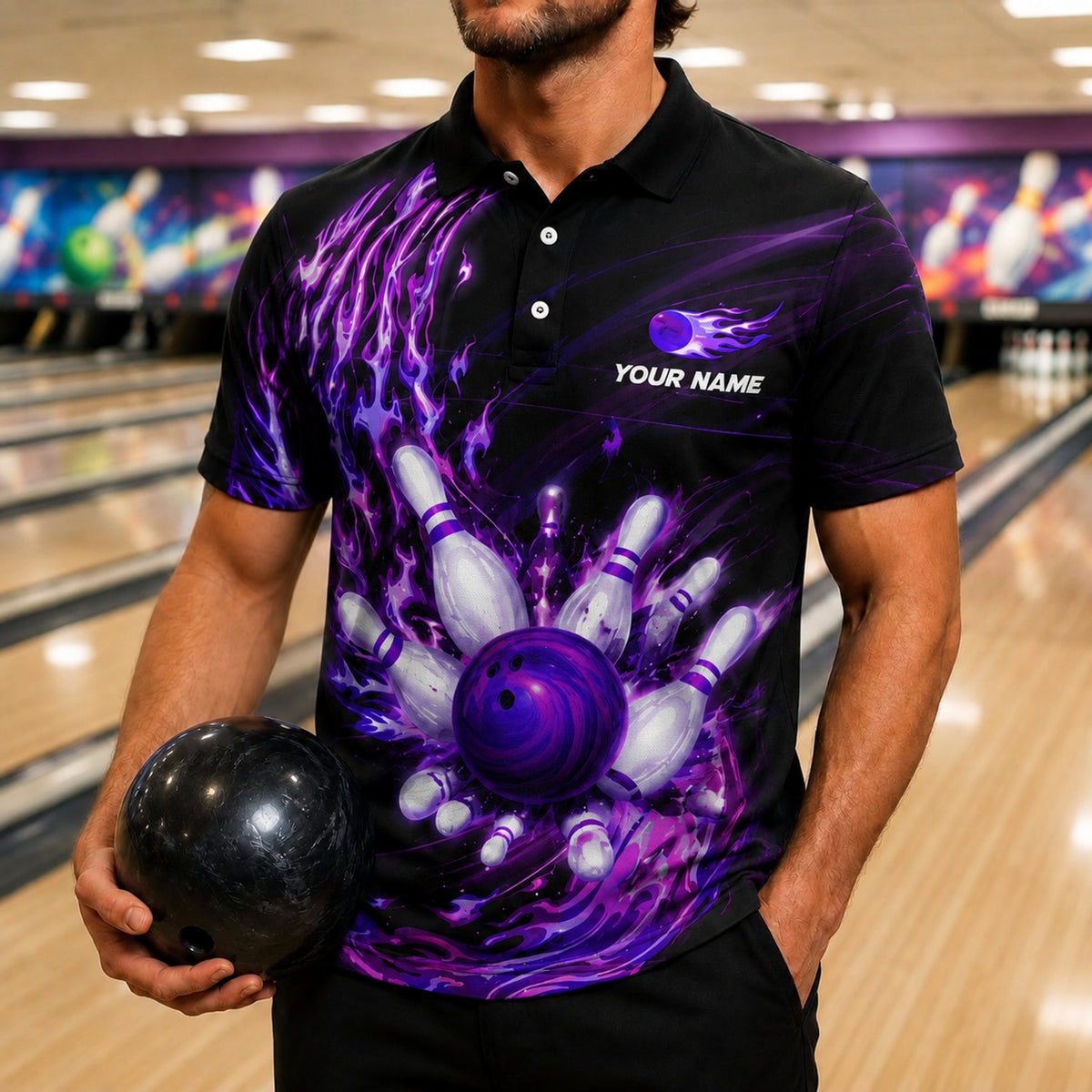 Bowling Ball Flames Graphic Custom Bowling Polo Shirt Front View