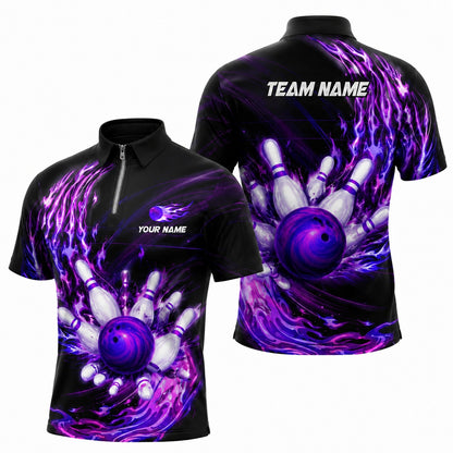 Bowling Ball Flames Graphic Custom Bowling Polo Shirt Jersey Zip 1 4 Collar