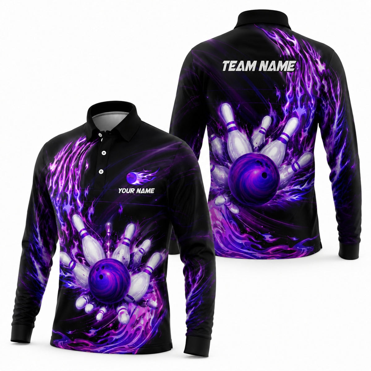 Bowling Ball Flames Graphic Custom Bowling Polo Shirt Long Sleeve Polo