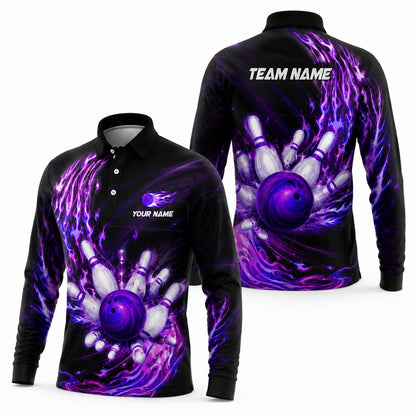 Bowling Ball Flames Graphic Custom Bowling Polo Shirt Long Sleeve Polo