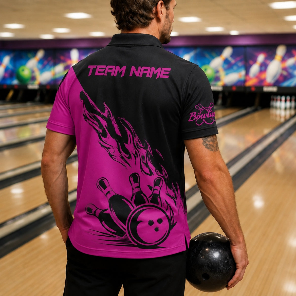 Bowling Ball Flames Graphic Personalized Bowling Polo Shirt Back View
