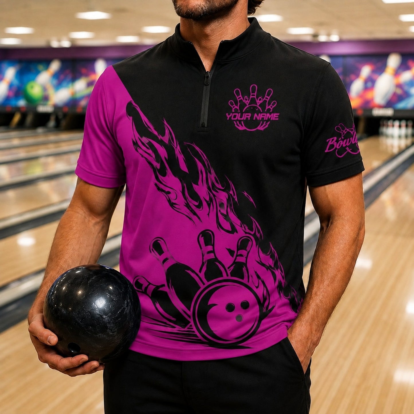 Bowling Ball Flames Graphic Personalized Bowling Polo Shirt Front View