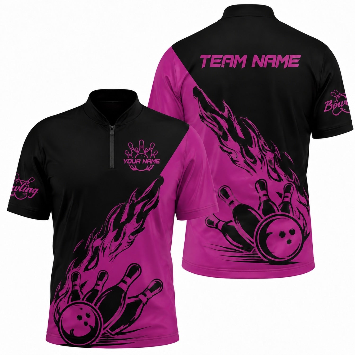 Bowling Ball Flames Graphic Personalized Bowling Polo Shirt Jersey Zip 1 4 Collar