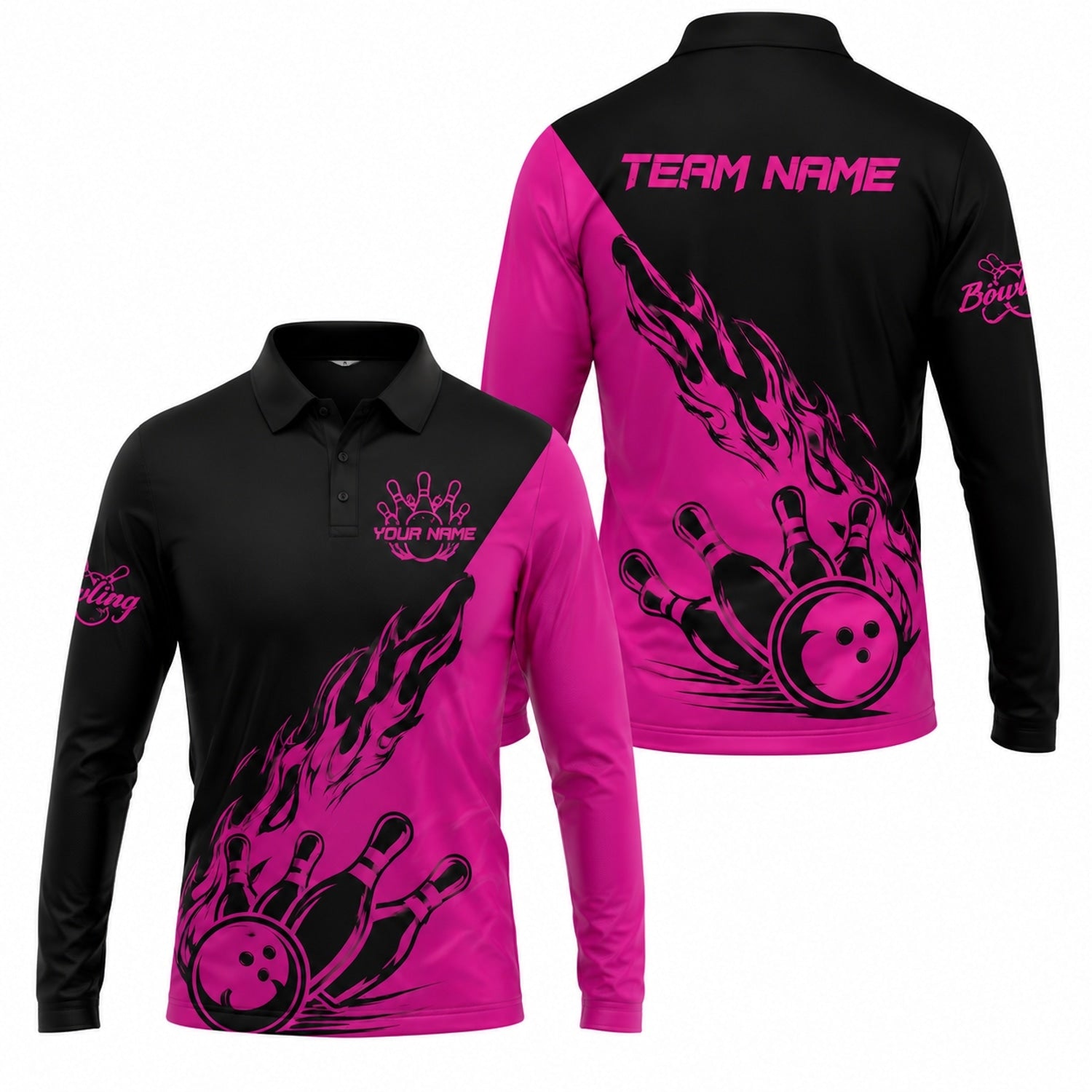 Bowling Ball Flames Graphic Personalized Bowling Polo Shirt Long Sleeve Polo