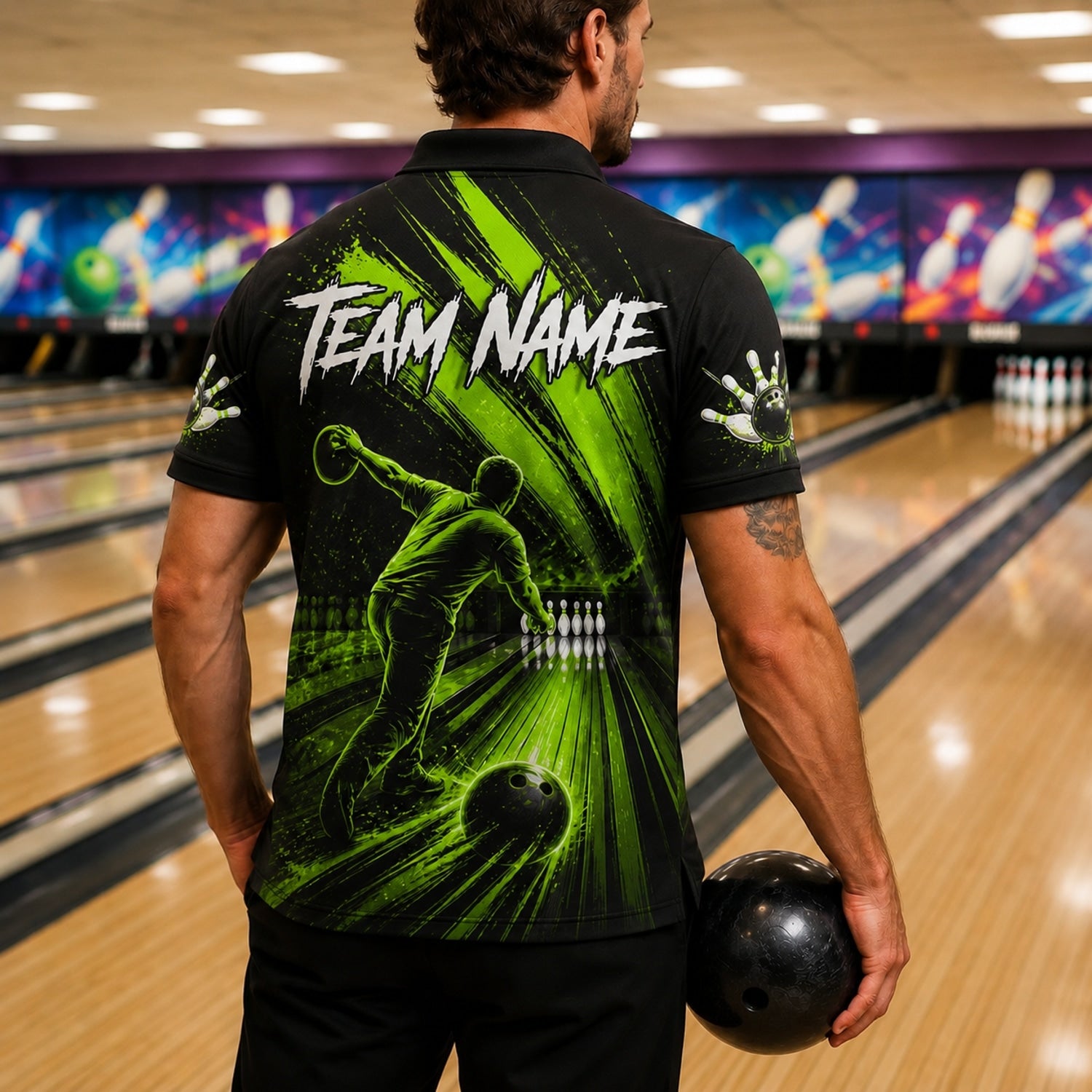Bowling Ball Flames Sport Custom Bowling Polo Shirt Back View