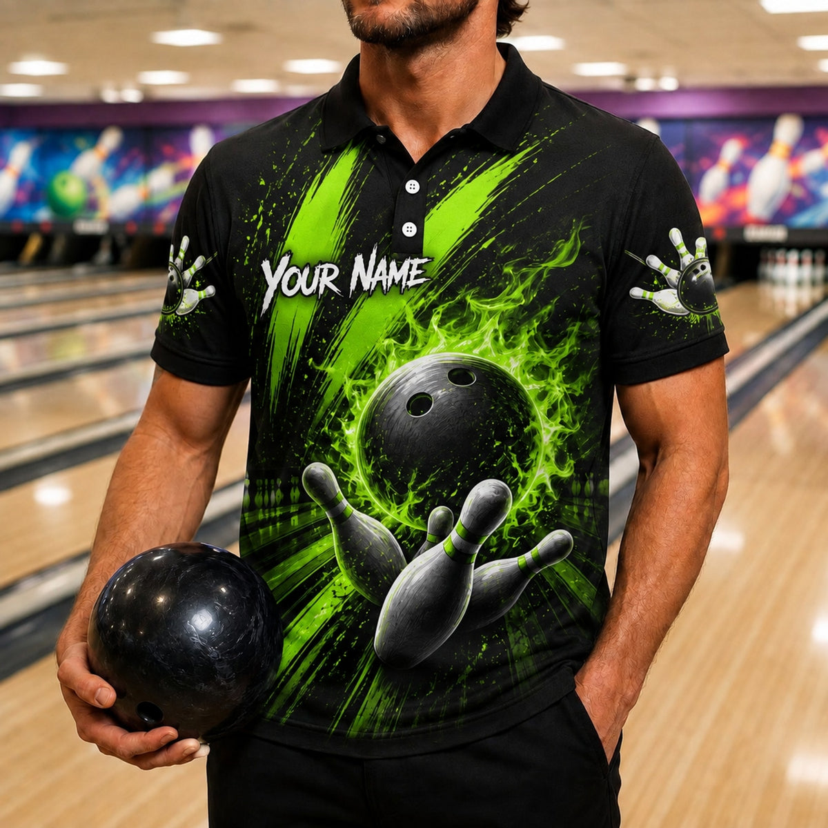 Bowling Ball Flames Sport Custom Bowling Polo Shirt Front View
