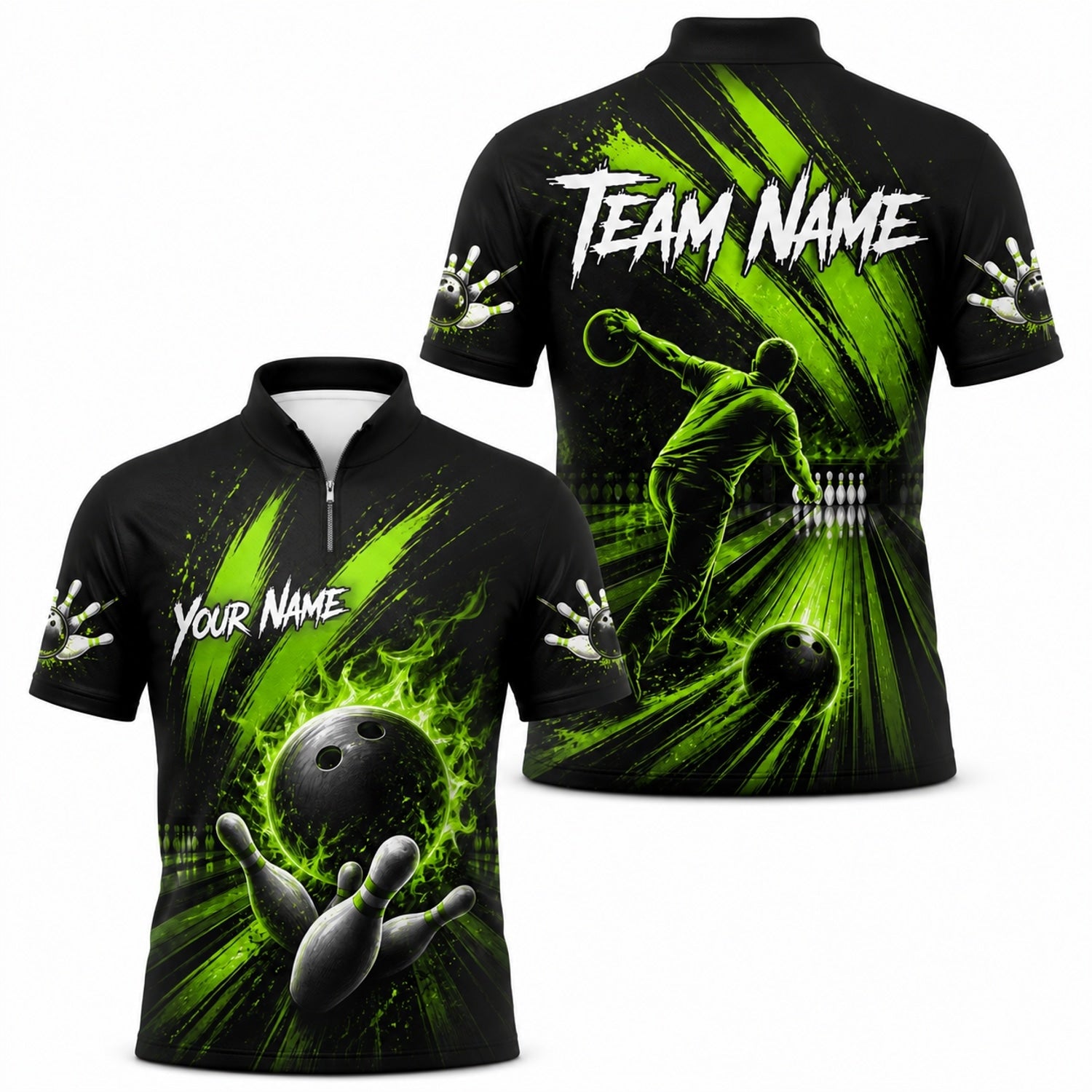 Bowling Ball Flames Sport Custom Bowling Polo Shirt Jersey Zip 1 4 Collar