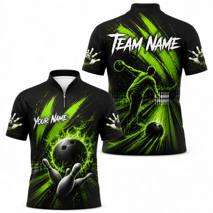 Bowling Ball Flames Sport Custom Bowling Polo Shirt Jersey Zip 1 4 Collar