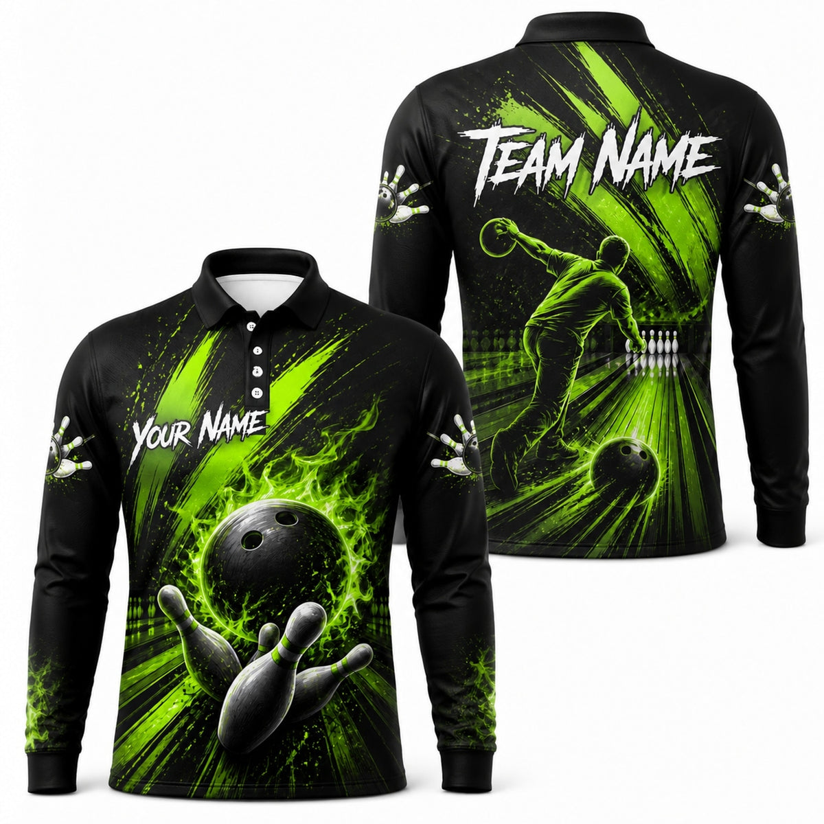 Bowling Ball Flames Sport Custom Bowling Polo Shirt Long Sleeve Polo