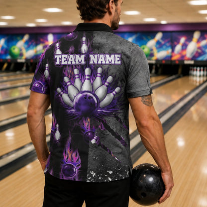 Bowling Ball Flames Sport Personalized Bowling Polo Shirt Back View