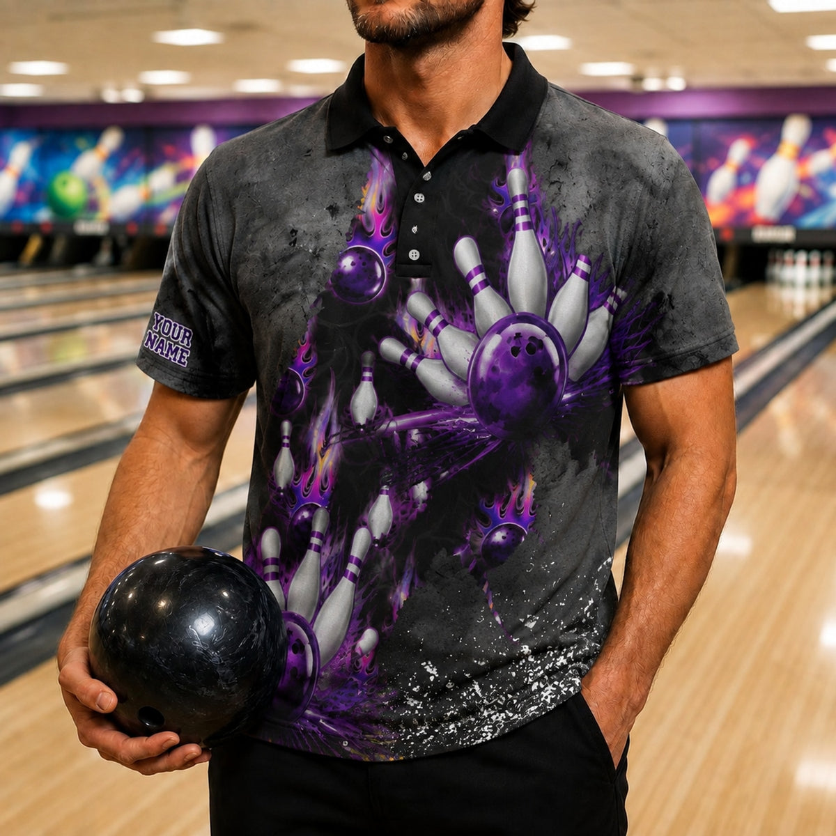 Bowling Ball Flames Sport Personalized Bowling Polo Shirt Front View