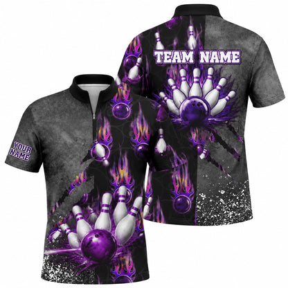 Bowling Ball Flames Sport Personalized Bowling Polo Shirt Jersey Zip 1 4 Collar