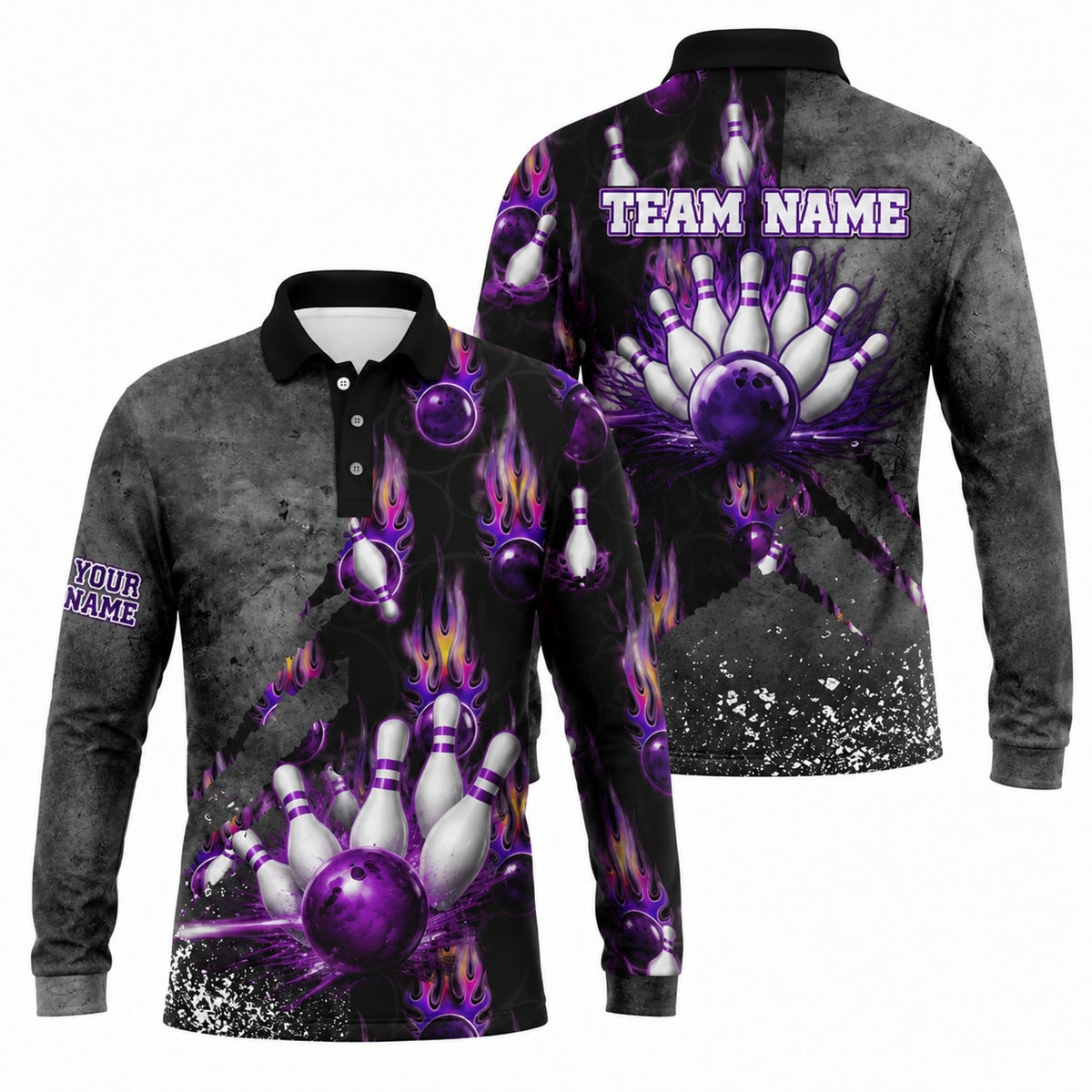 Bowling Ball Flames Sport Personalized Bowling Polo Shirt Long Sleeve Polo
