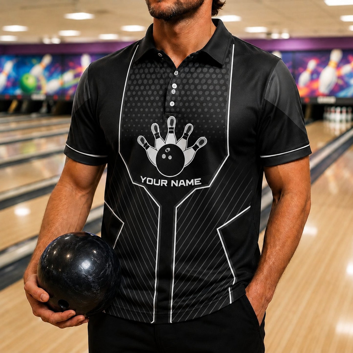 Bowling Ball Hand Emblem Sport Personalized Bowling Polo Shirt Front View