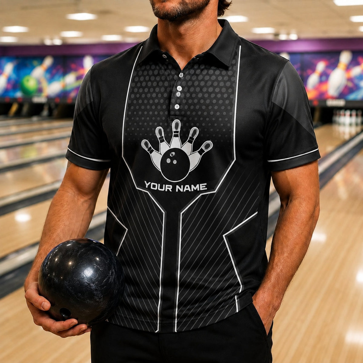 Bowling Ball Hand Emblem Sport Personalized Bowling Polo Shirt Front View