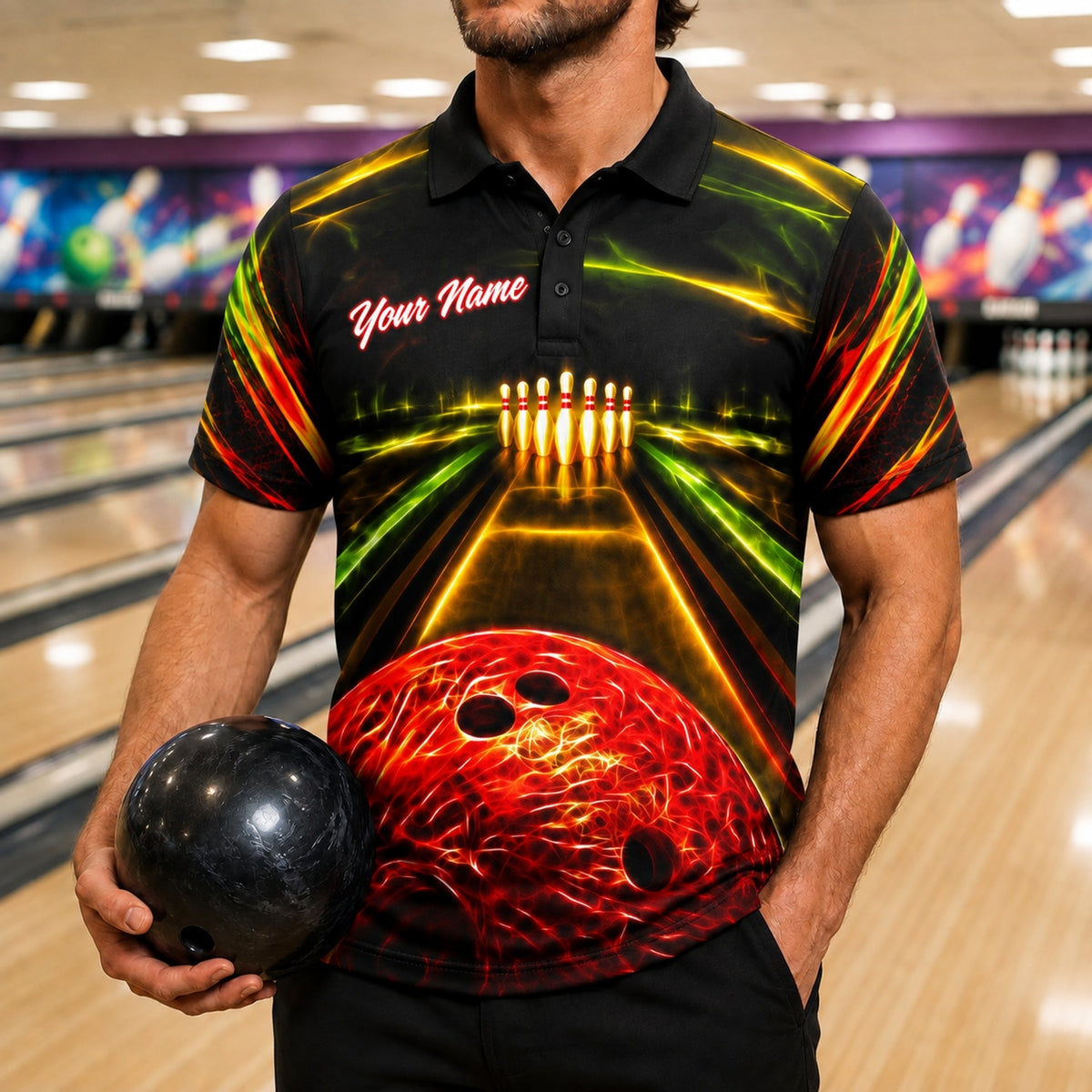 Bowling Ball Lane Strike Graphic Custom Bowling Polo Shirt Front View