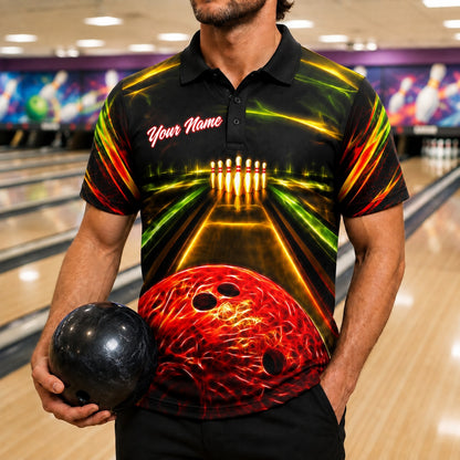 Bowling Ball Lane Strike Graphic Custom Bowling Polo Shirt Front View