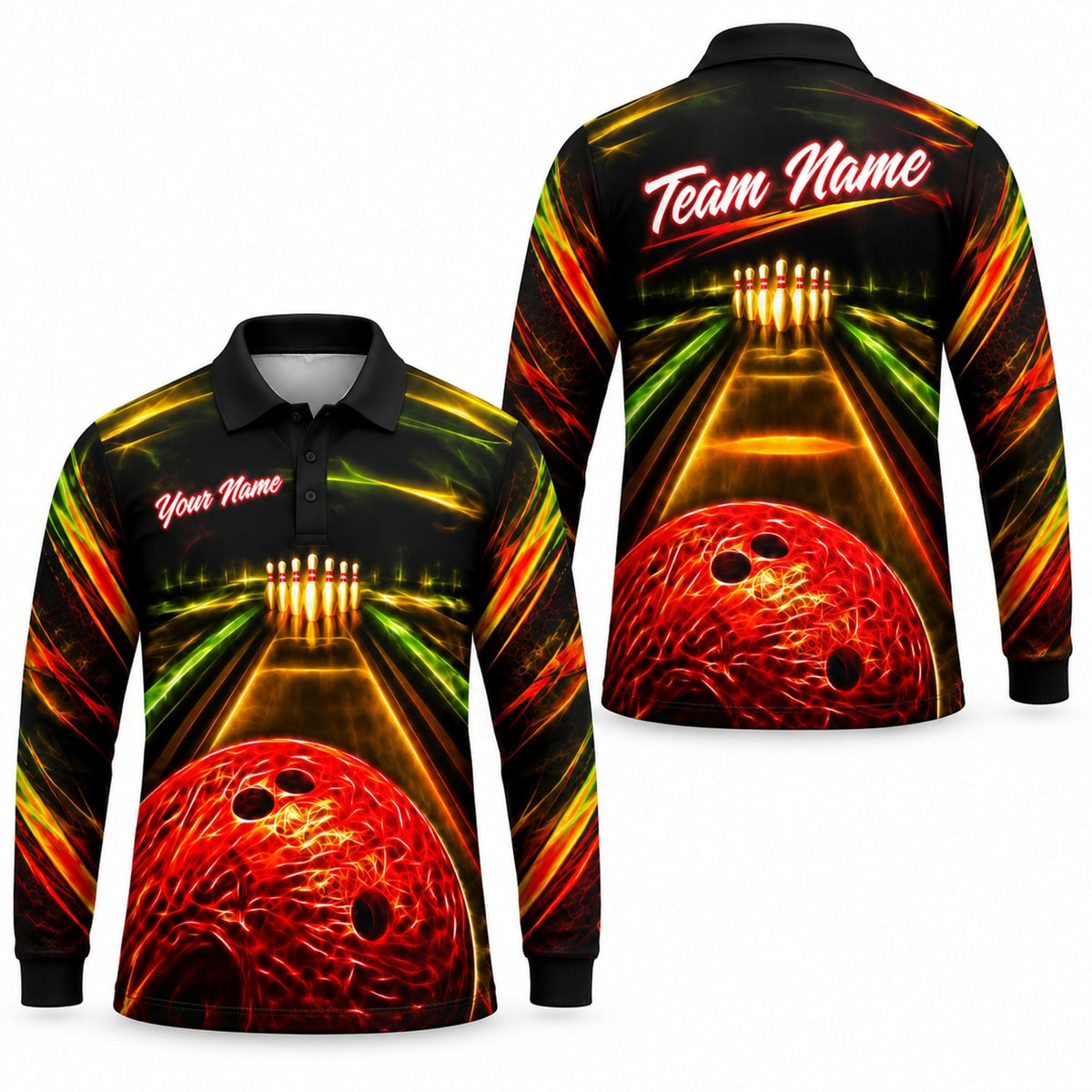 Bowling Ball Lane Strike Graphic Custom Bowling Polo Shirt Long Sleeve Polo