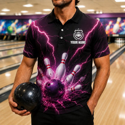Bowling Ball Lightning Burst Custom Bowling Polo Shirt Front View