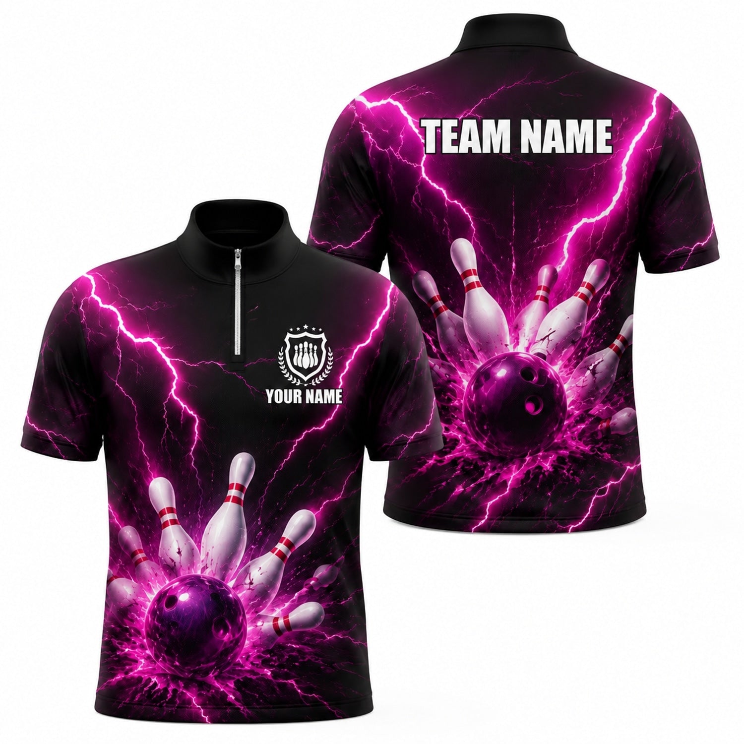 Bowling Ball Lightning Burst Custom Bowling Polo Shirt Jersey Zip 1 4 Collar