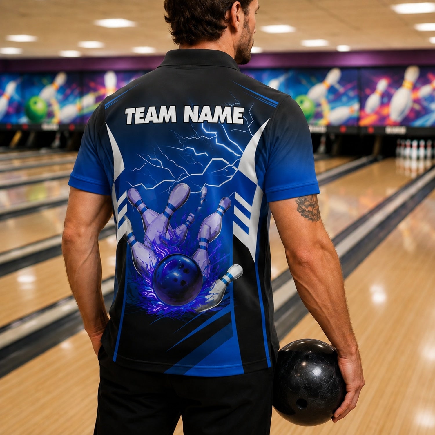 Bowling Ball Lightning Sport Custom Bowling Polo Shirt Back View