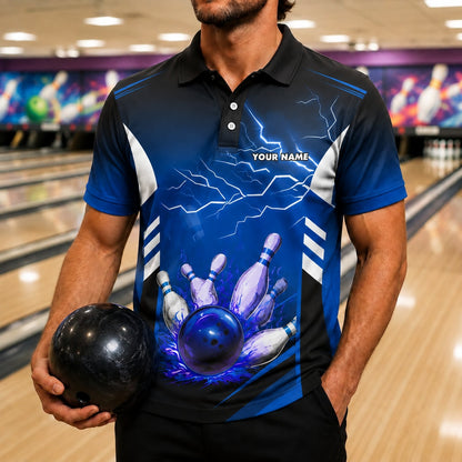 Bowling Ball Lightning Sport Custom Bowling Polo Shirt Front View