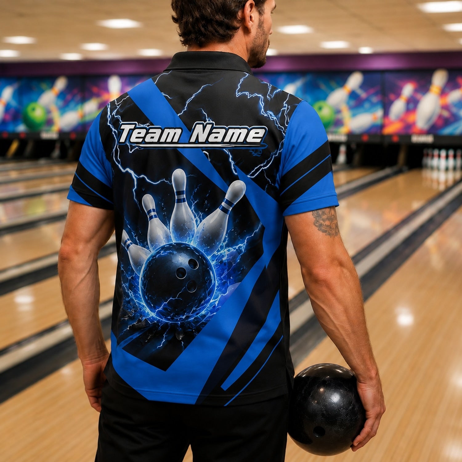 Bowling Ball Lightning Sport Personalized Bowling Polo Shirt Back View