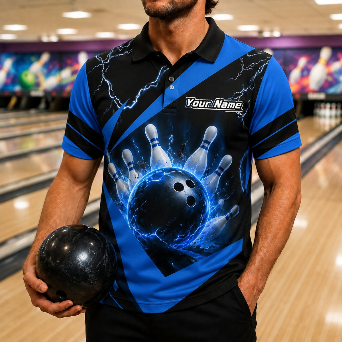 Bowling Ball Lightning Sport Personalized Bowling Polo Shirt Front View