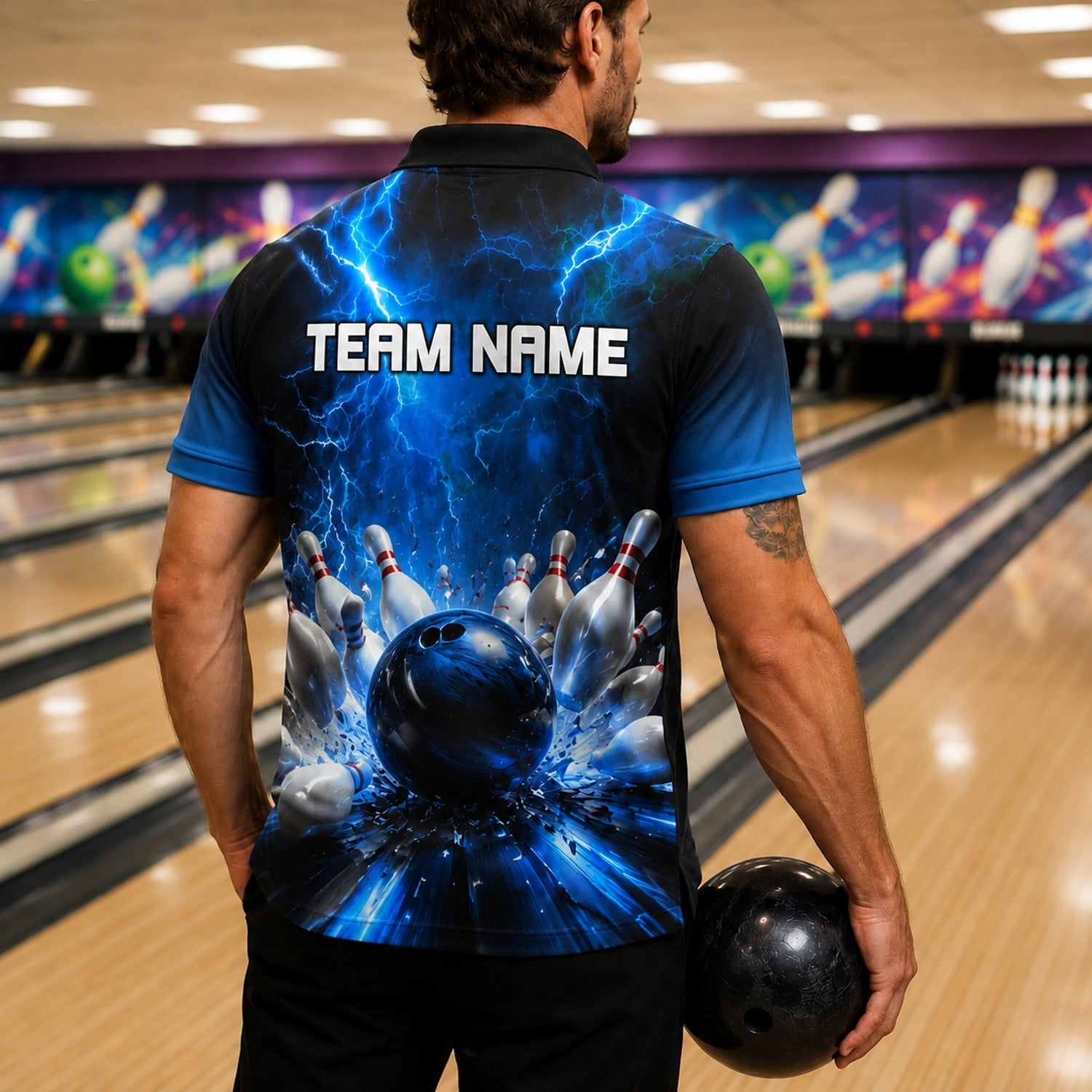 Bowling Ball Lightning Strike Custom Bowling Polo Shirt Back View