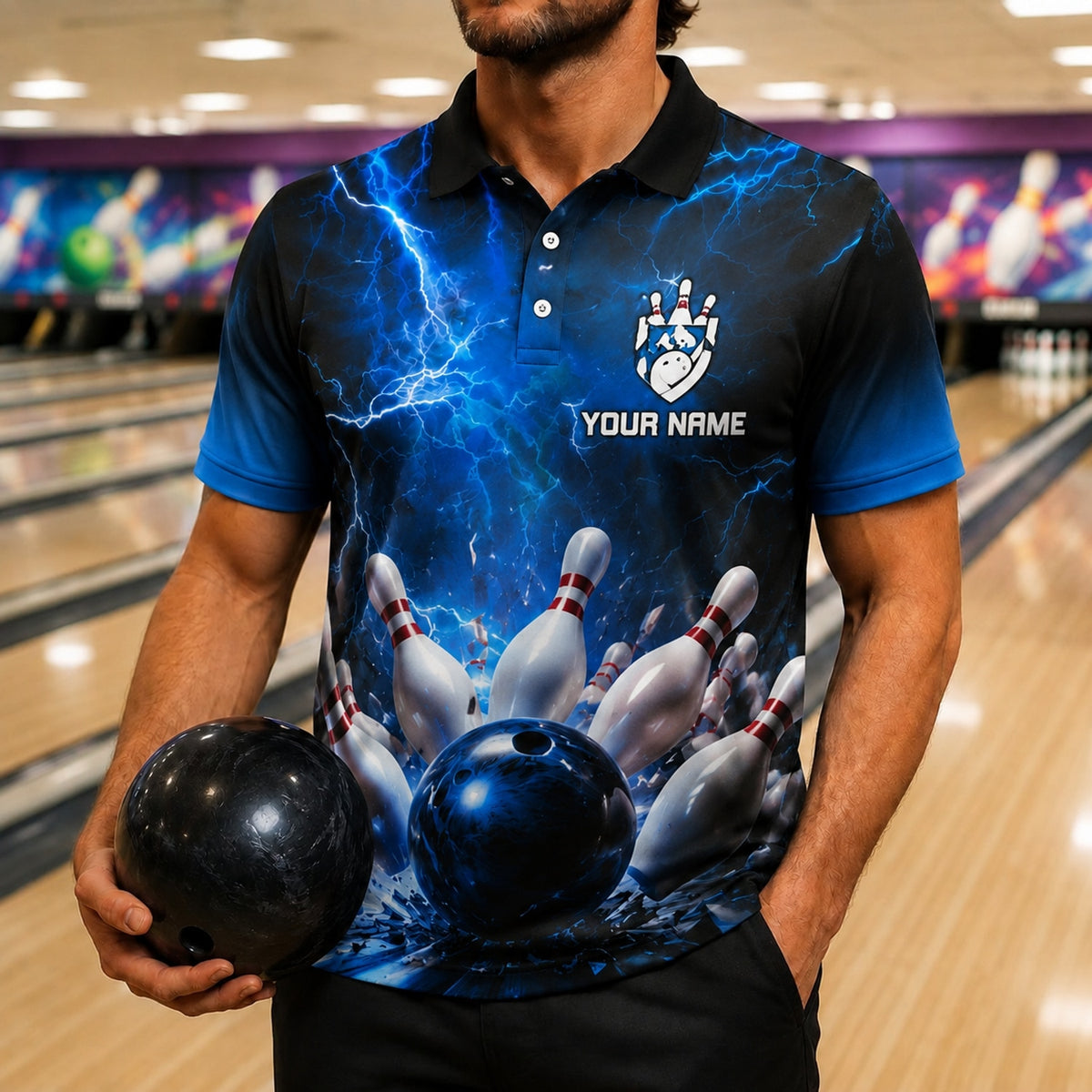 Bowling Ball Lightning Strike Custom Bowling Polo Shirt Front View