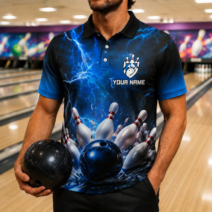 Bowling Ball Lightning Strike Custom Bowling Polo Shirt Front View
