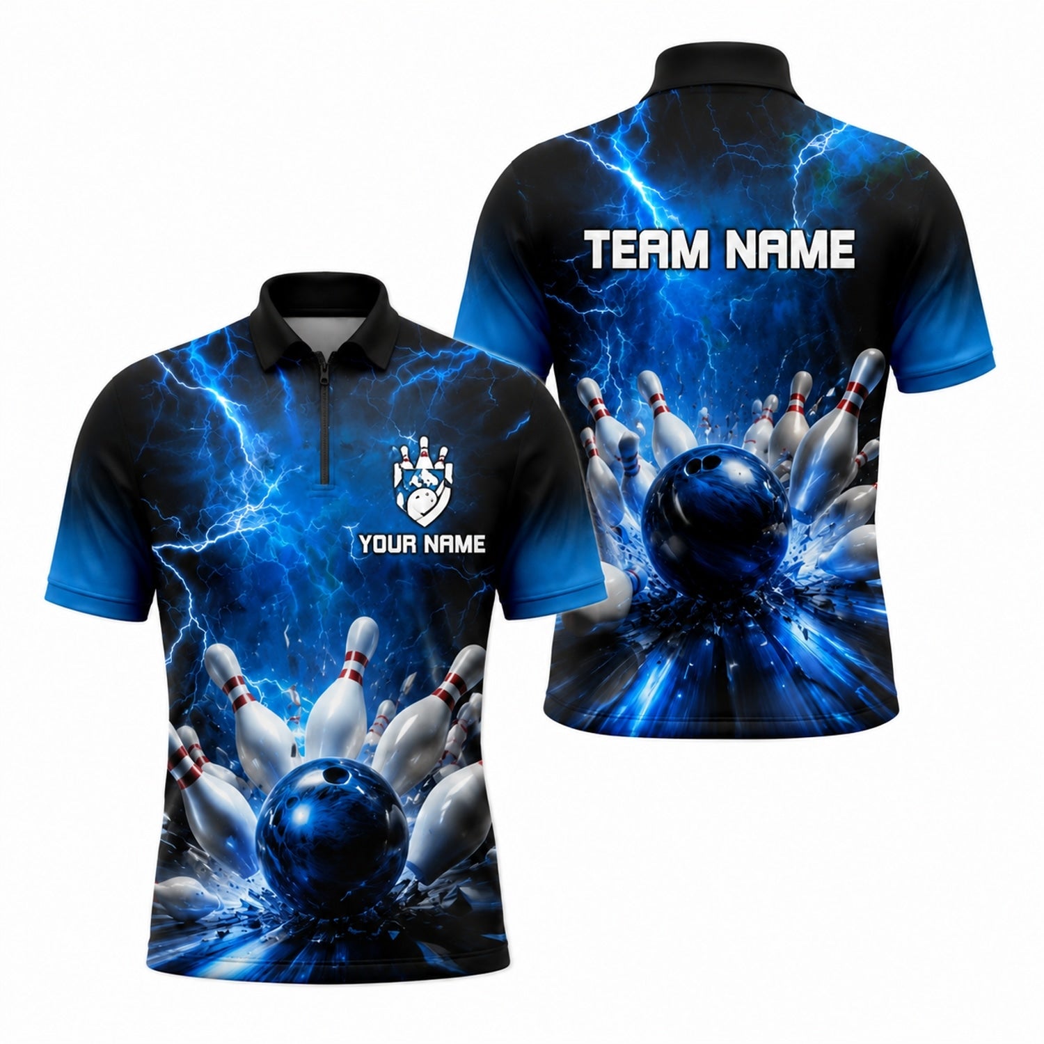 Bowling Ball Lightning Strike Custom Bowling Polo Shirt Jersey Zip 1 4 Collar