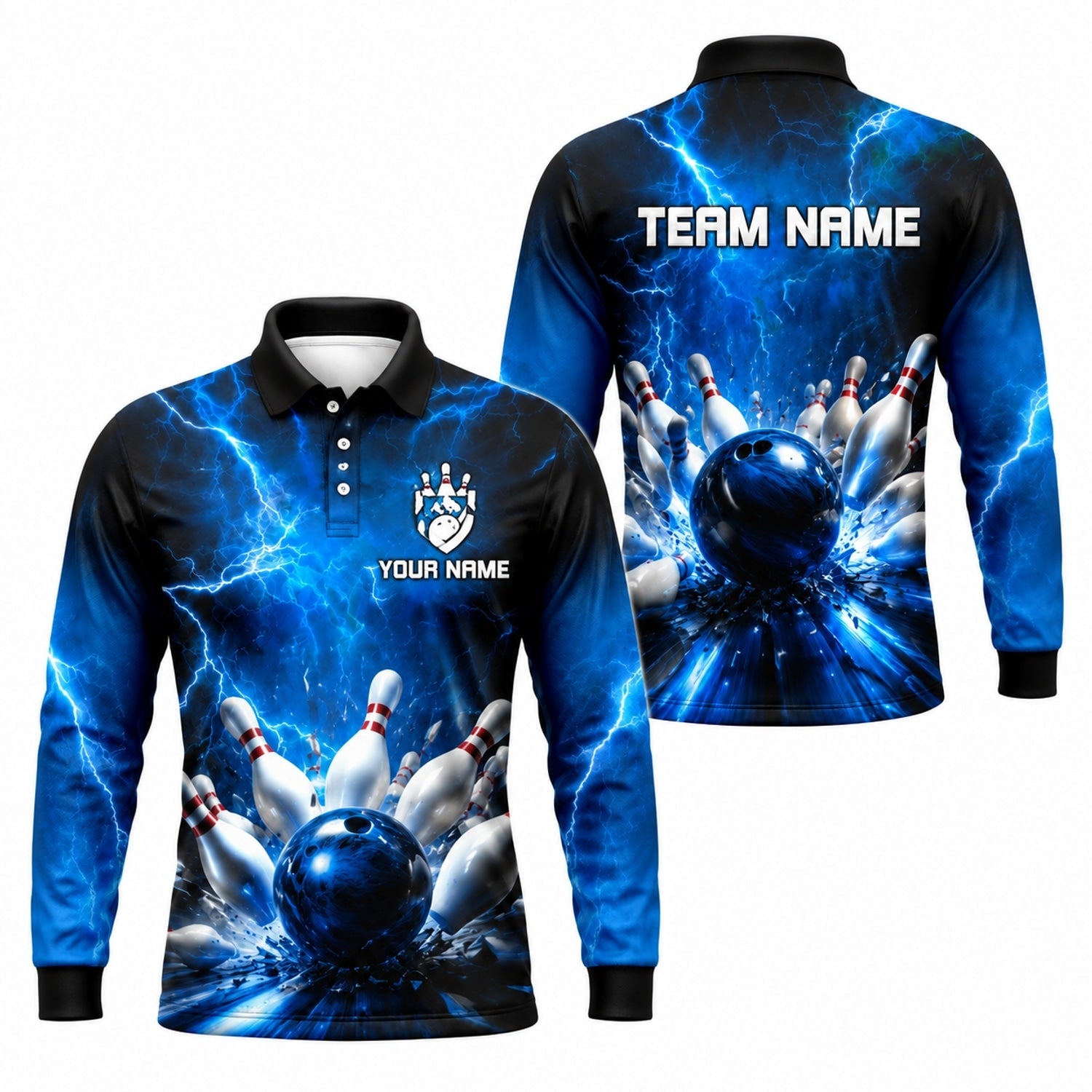 Bowling Ball Lightning Strike Custom Bowling Polo Shirt Long Sleeve Polo