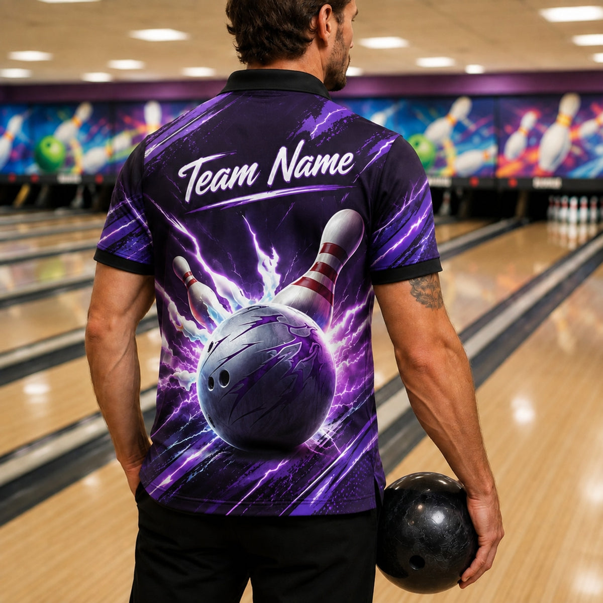 Bowling Ball Lightning Strike Graphic Custom Bowling Polo Shirt Back View