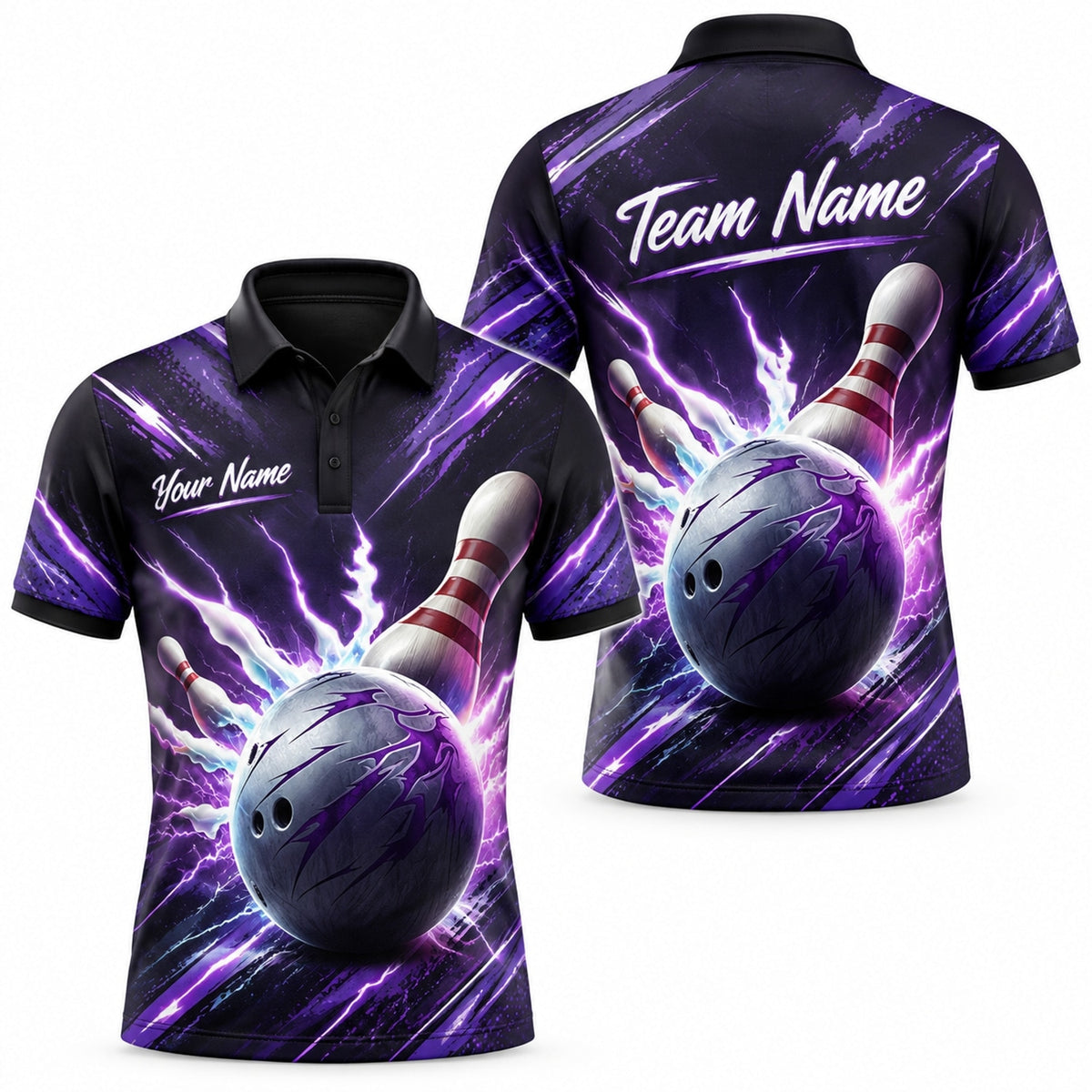 Bowling Ball Lightning Strike Graphic Custom Bowling Polo Shirt