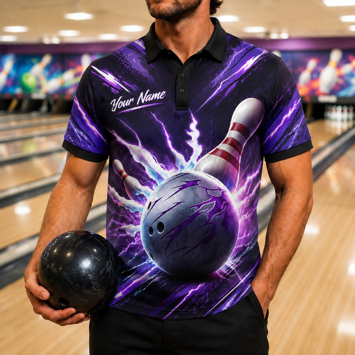 Bowling Ball Lightning Strike Graphic Custom Bowling Polo Shirt Front View