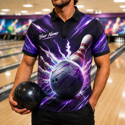 Bowling Ball Lightning Strike Graphic Custom Bowling Polo Shirt Front View