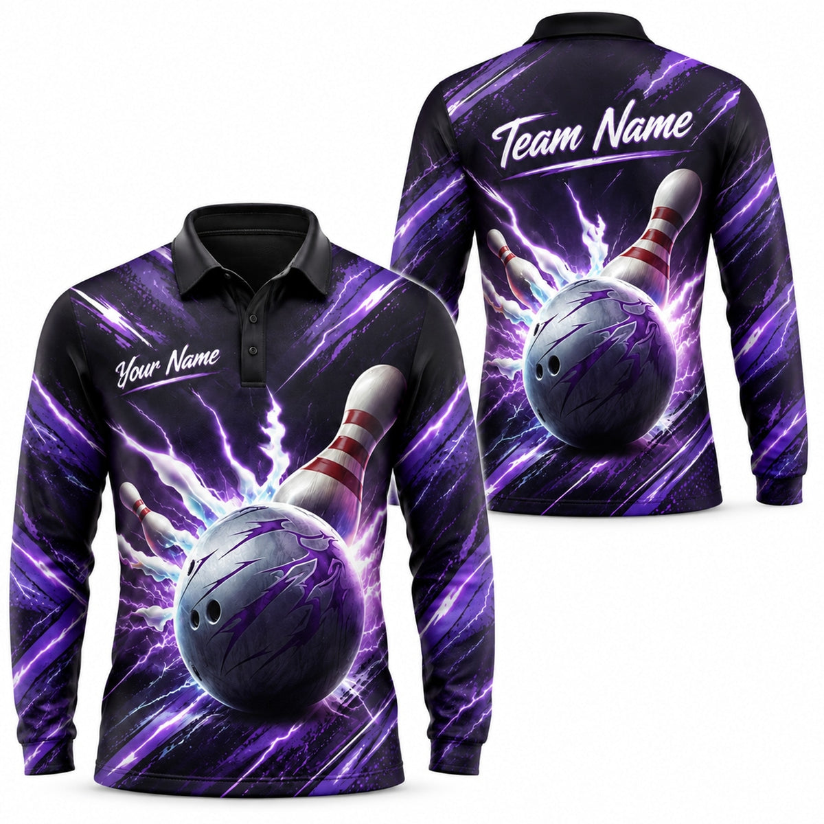 Bowling Ball Lightning Strike Graphic Custom Bowling Polo Shirt Long Sleeve Polo