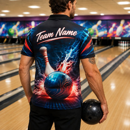 Bowling Ball Lightning Strike Graphic Personalized Bowling Polo Shirt Back View
