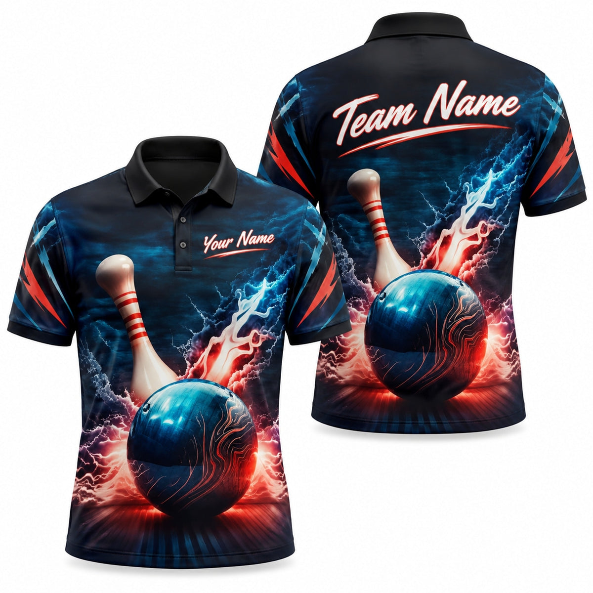 Bowling Ball Lightning Strike Graphic Personalized Bowling Polo Shirt