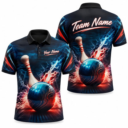 Bowling Ball Lightning Strike Graphic Personalized Bowling Polo Shirt
