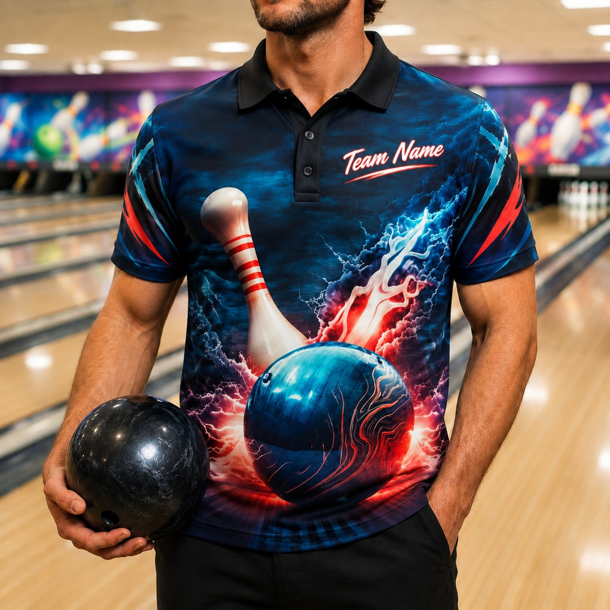 Bowling Ball Lightning Strike Graphic Personalized Bowling Polo Shirt Front View