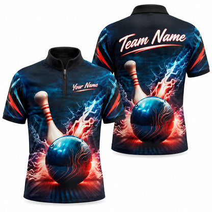 Bowling Ball Lightning Strike Graphic Personalized Bowling Polo Shirt Jersey Zip 1 4 Collar