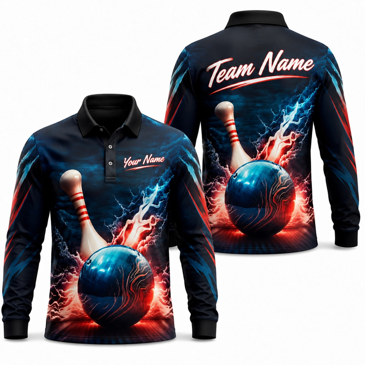 Bowling Ball Lightning Strike Graphic Personalized Bowling Polo Shirt Long Sleeve Polo