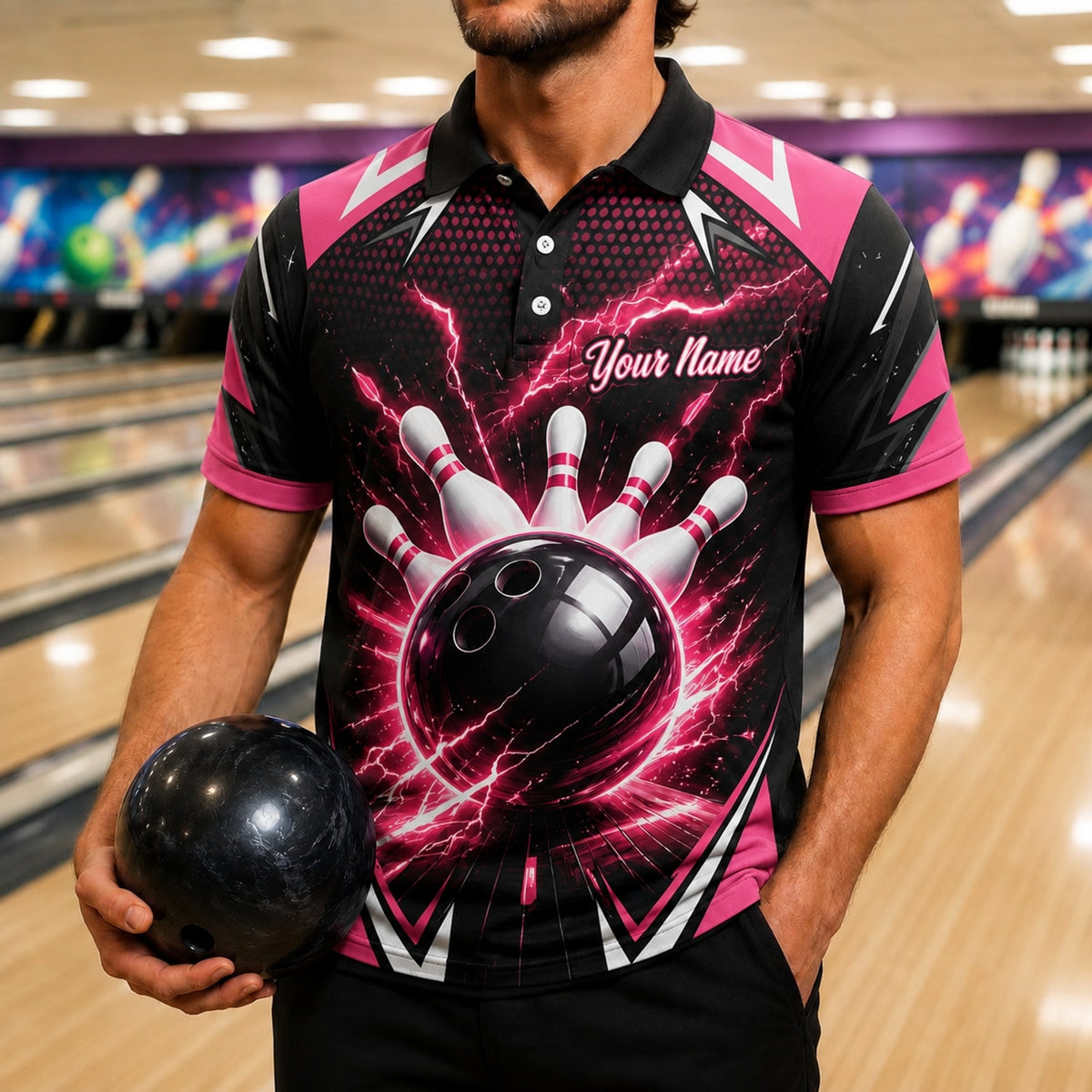 Bowling Ball Lightning Strike Personalized Bowling Polo Shirt Front View