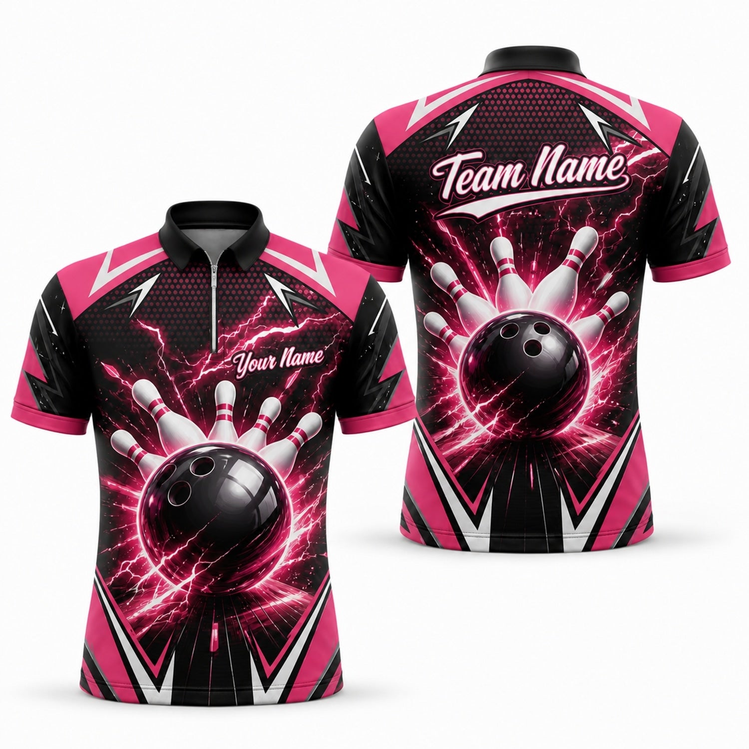 Bowling Ball Lightning Strike Personalized Bowling Polo Shirt Jersey Zip 1 4 Collar